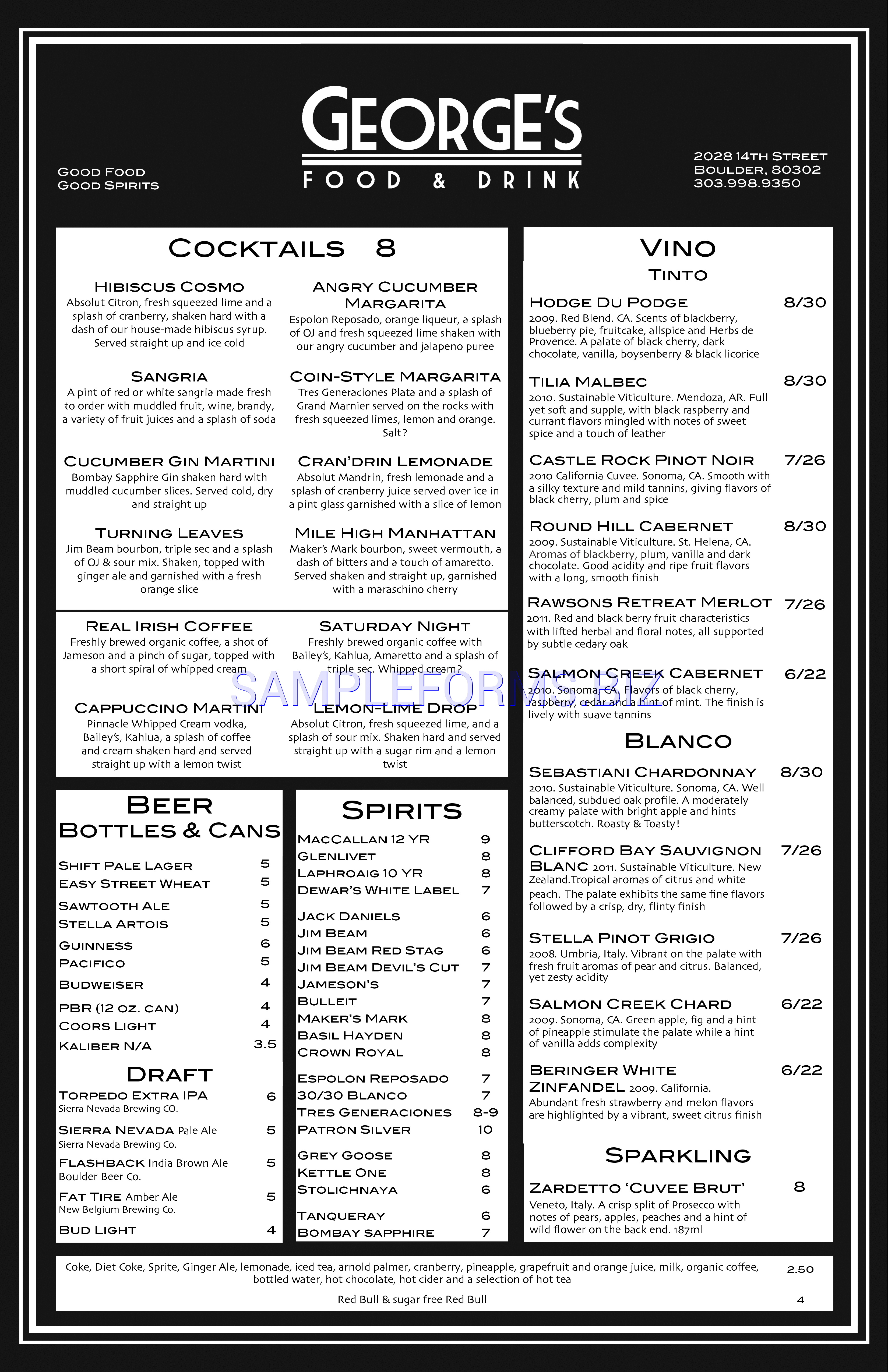 Preview free downloadable George's Drink Menu Template - Boulder Theater in PDF (page 1)